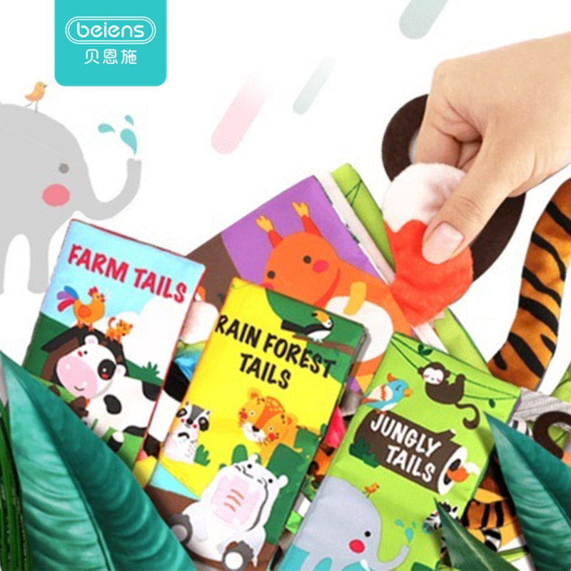 Beiens Infant 3 Style Baby Cloth Books Early Learning Educational Toys with Animals Tails Soft Cloth Development Books Rattles