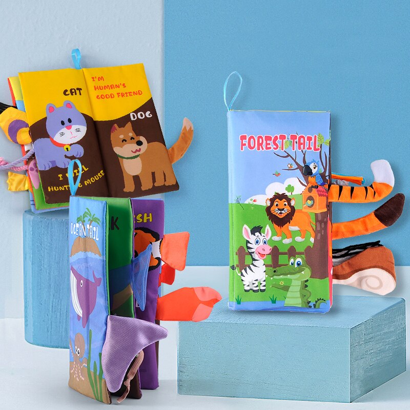 Infant 3 Style Baby Cloth Books Early Learning Educational Toys with Animals Tails Soft Cloth Development Books Rattles