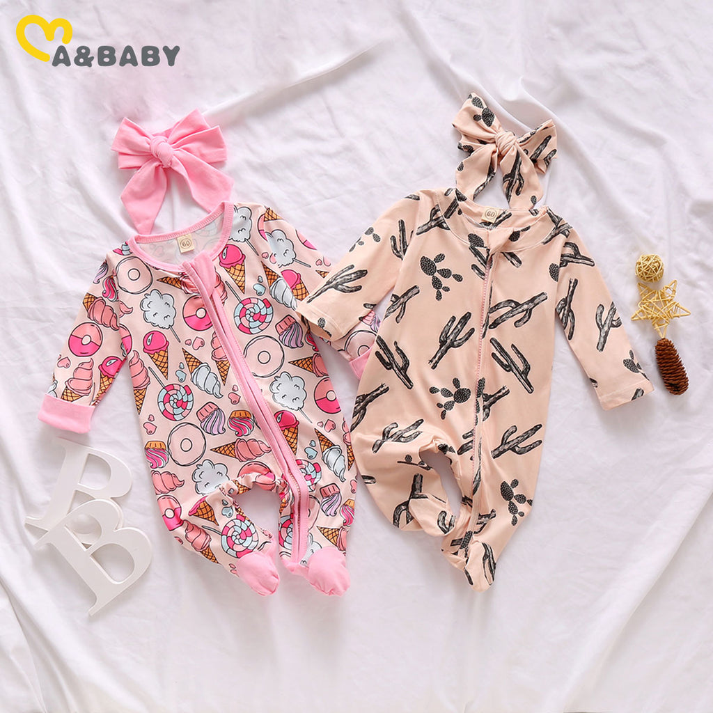 Ma&Baby 0-6M Newborn Infant Baby Girls Footies Cute Ruffles Long Sleeve Jumpsuit Cactus Donuts Print Autumn Baby Girl Clothes
