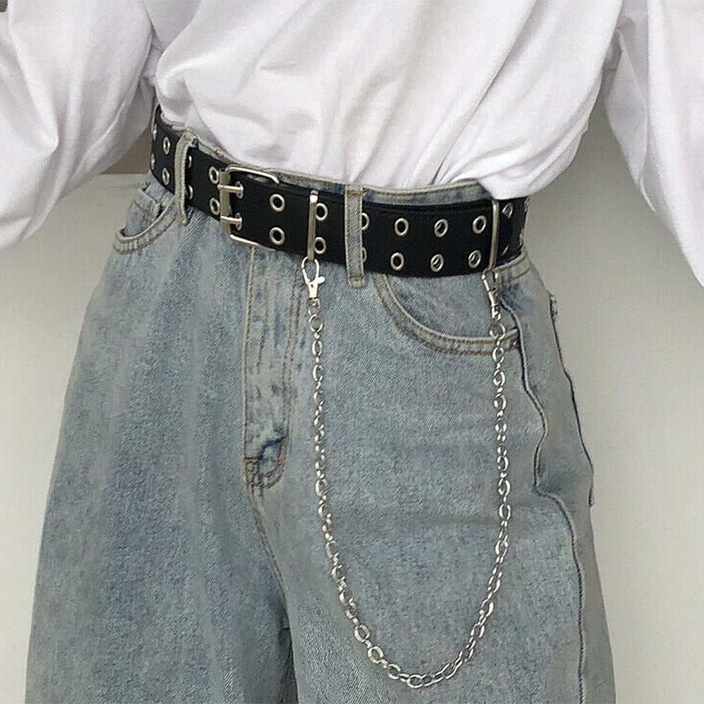 Double Row Hole Belt for Men Women Punk Style Waistband with Eyelet Chain Decorative Belt for Jeans Pants Trousers 2020 New