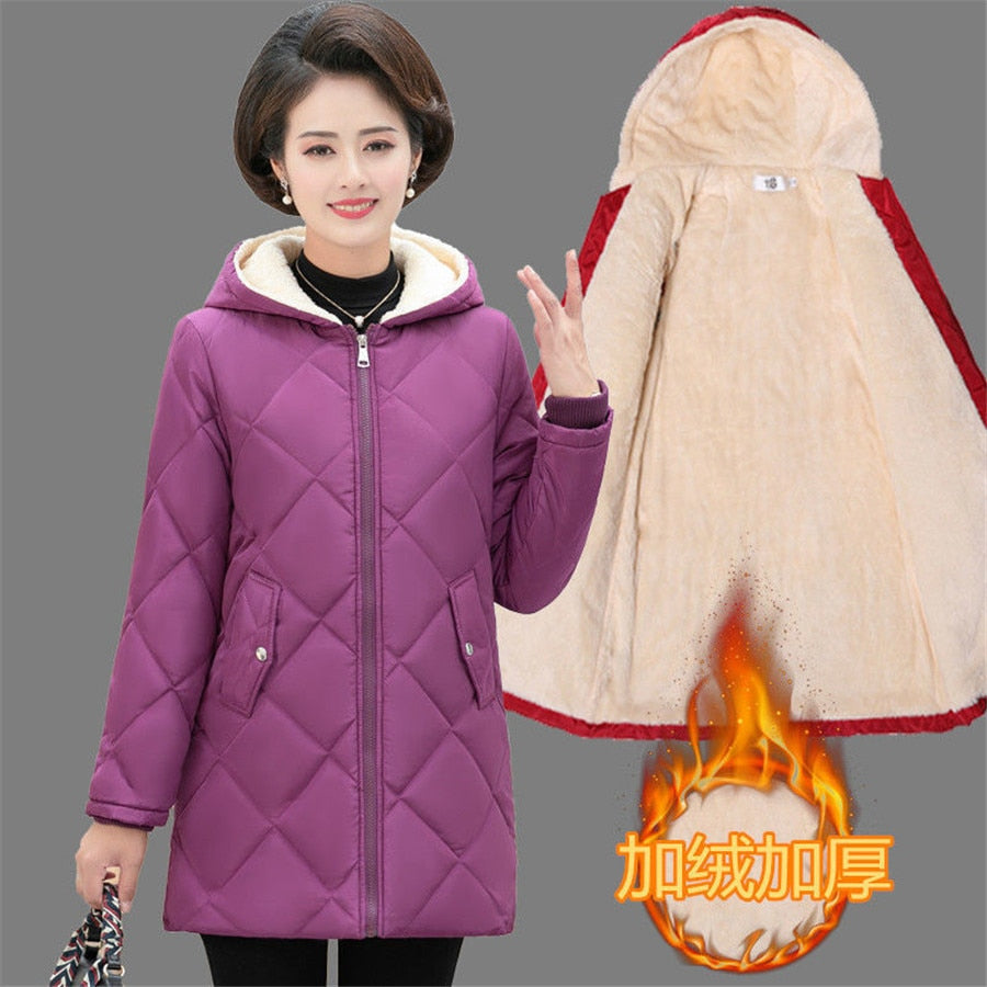 2020 Factory direct Autumn Winter Middle-aged Lady Hooded Jacket Women Slim Plus Cashmere Warm Coat Plus size Casual wam coat