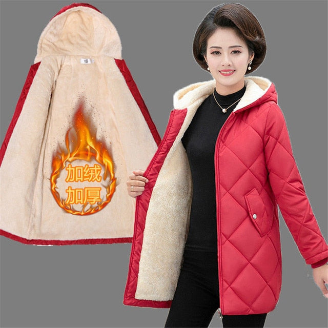 2020 Factory direct Autumn Winter Middle-aged Lady Hooded Jacket Women Slim Plus Cashmere Warm Coat Plus size Casual wam coat