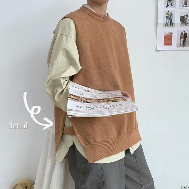 2021 Korean Kintted Vest For Men Fashion Autumn Lapel Loose Knitwear Sweater Waistcoat Sleeveless Wam Clothes Loose Tops